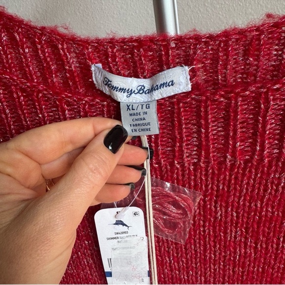 NWT Tommy Bahama Shimmer Balloon Sleeve Bateau Sweater Tango Red Metallic Wool - Picture 7 of 10